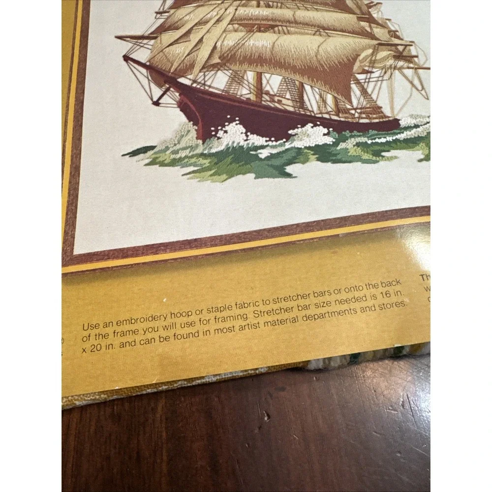 Vintage 70s Sunset Stitchery Crewel Embroidery Kit Boat Ship Nautical Large